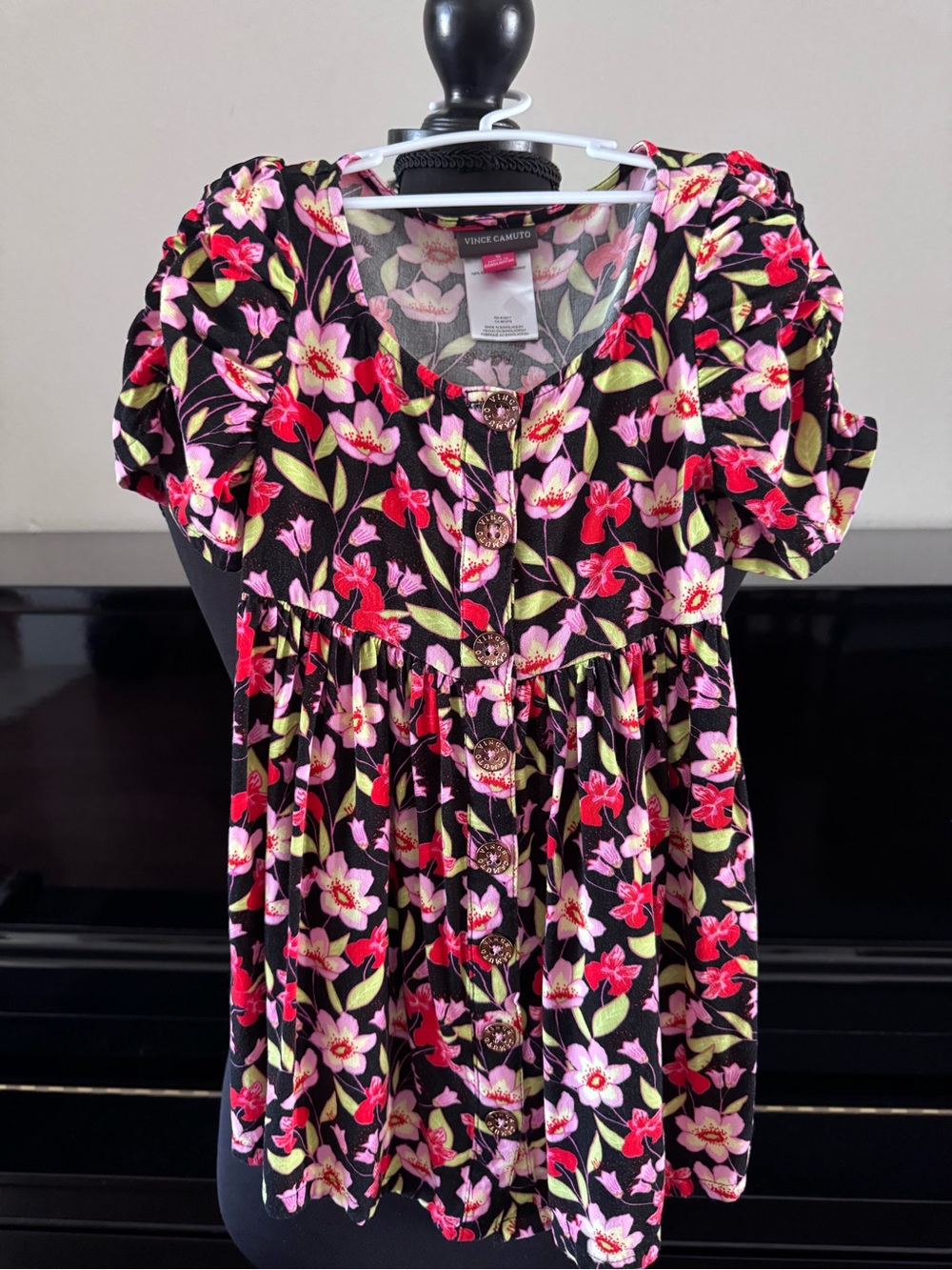 Vince Camuto Kids Black Floral Button-Front Dress with Pink and Red Blooms